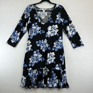 WHBM Knit Dress Sz M Black/Blue V-Neck 3/4 Sleeves Flared Hem Flounce Like New